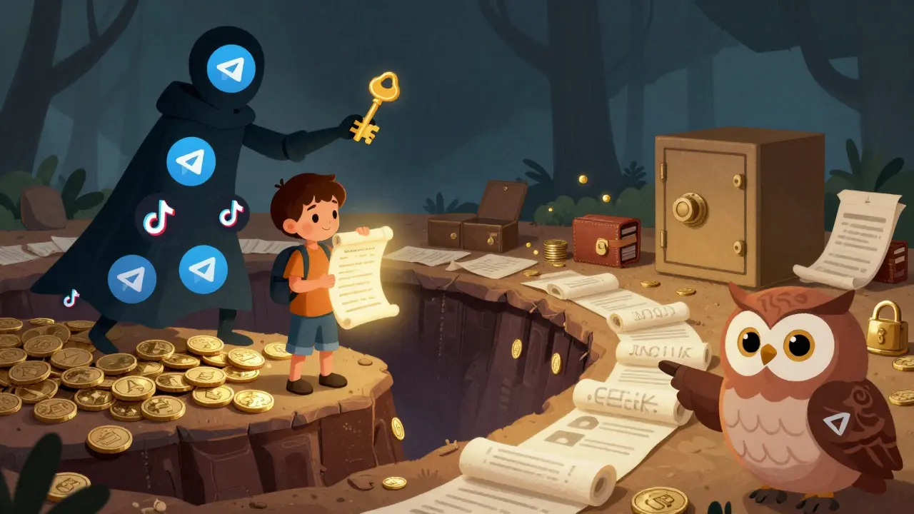 Ein Kind hält eine Seed Phrase, während ein Schattenwesen es zu einem Abgrund lockt – eine Eule mit Sicherheitssymbolen warnt davor.