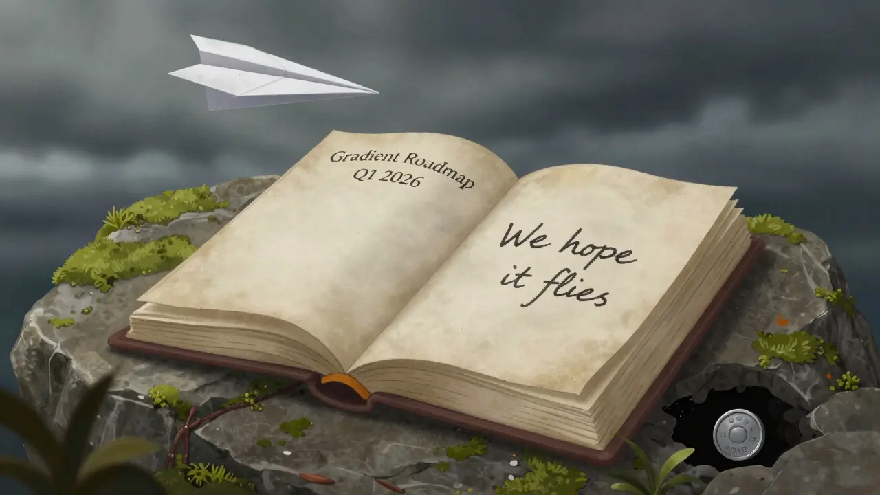 Ein offenes, leeres Buch mit der Aufschrift 'Gradient Roadmap' und ein Papierflieger, der in einen dunklen Abgrund schwebt.