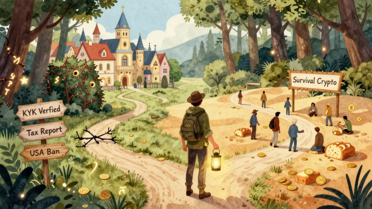 Ein Reisender an einem Kreuzweg mit einer Laterne, umgeben von Pfaden für erlaubten Krypto-Handel, Verbot und Überlebensnutzung.