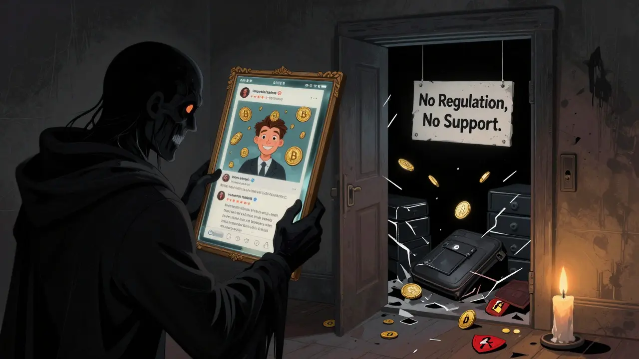 Ein trickreicher Gestalt hält einen Spiegel, der falsche Gewinne zeigt, während echte Wallets in der Dunkelheit zerbrochen sind.