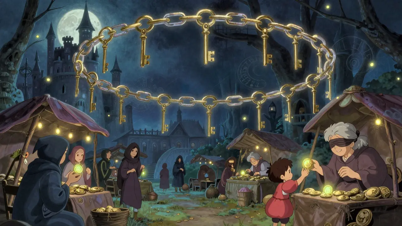 Ein verborgener Markt mit verschleierten Händlern, über dem ein riesiger, durchscheinender Ring aus goldenen Ketten schwebt.