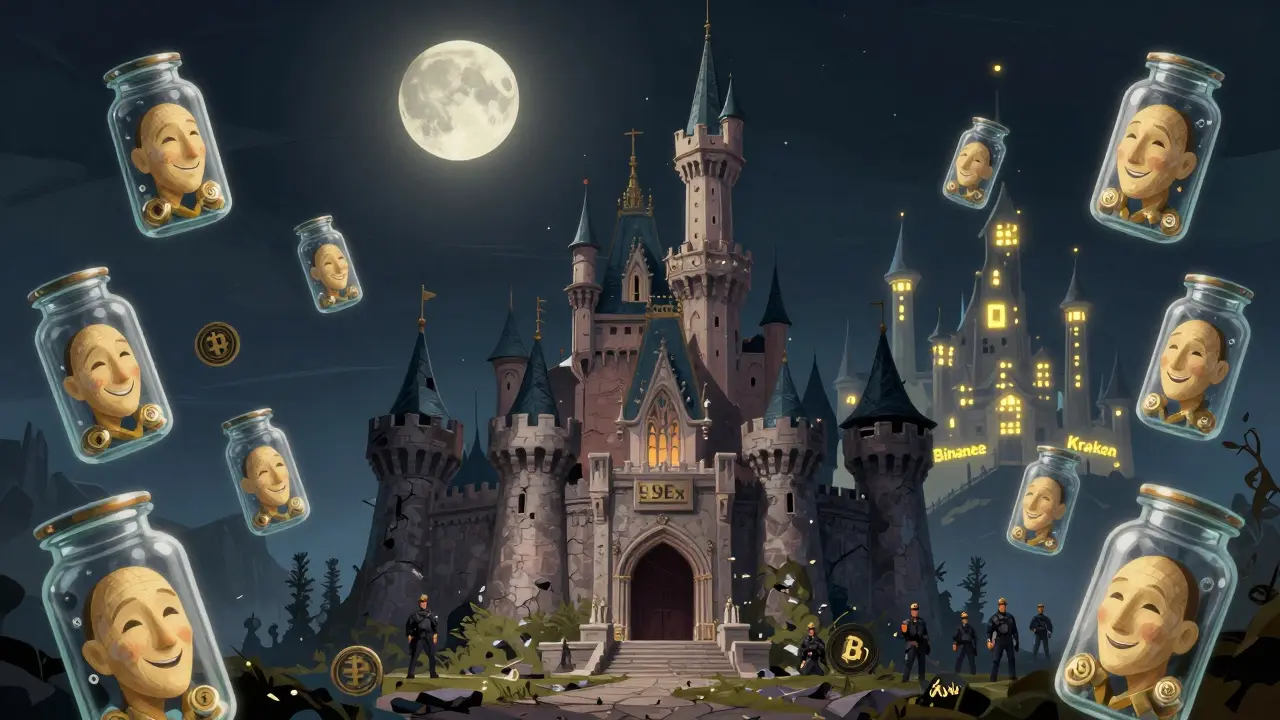 Ein verfallenes Schloss namens &#039;99Ex&#039; umgeben von falschen Testimonials, während echte Börsen in der Ferne sicher leuchten.