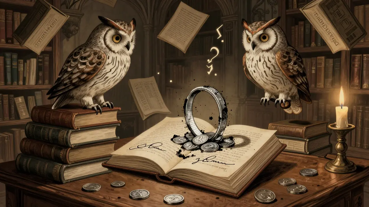 Eine magische Bibliothek mit schwebenden Büchern und einer Eule, die Ring-Signaturen aus Tinte formt.