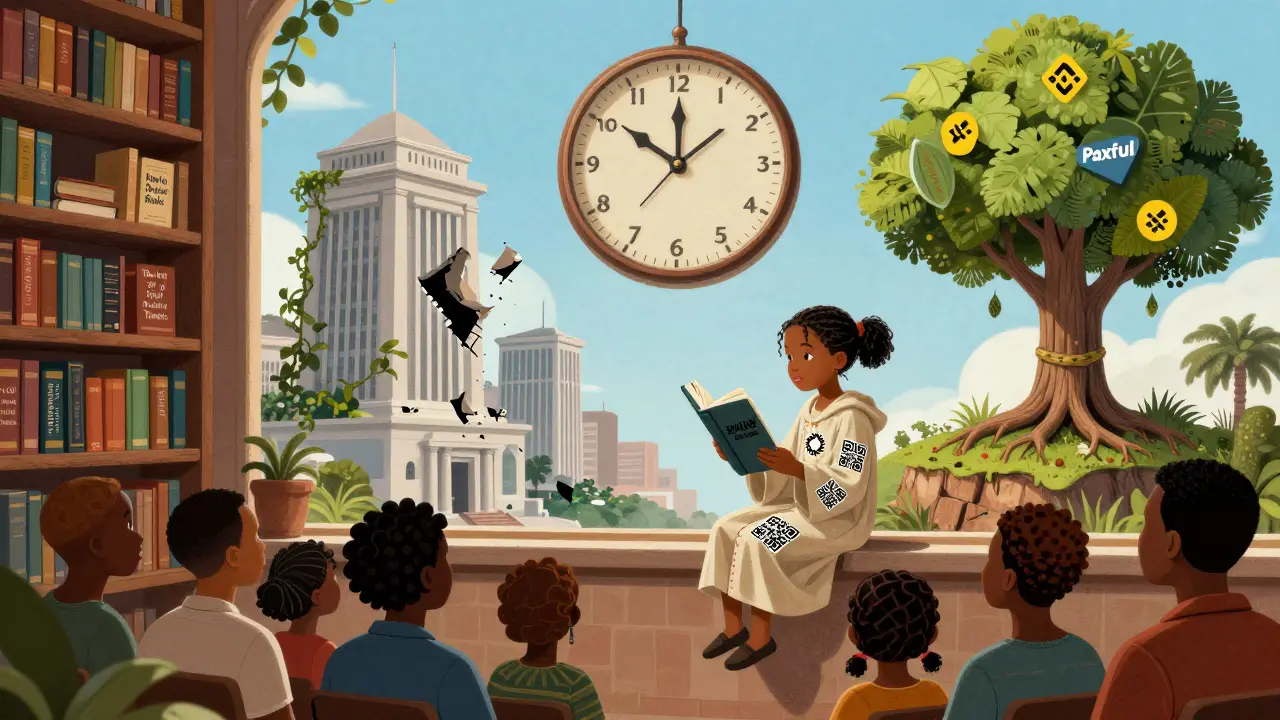 Eine schwebende Bibliothek mit Büchern über Krypto, in der ein Mädchen eine Gemeinschaft lehrt, wie man Banken umgeht und Vertrauen aufbaut.