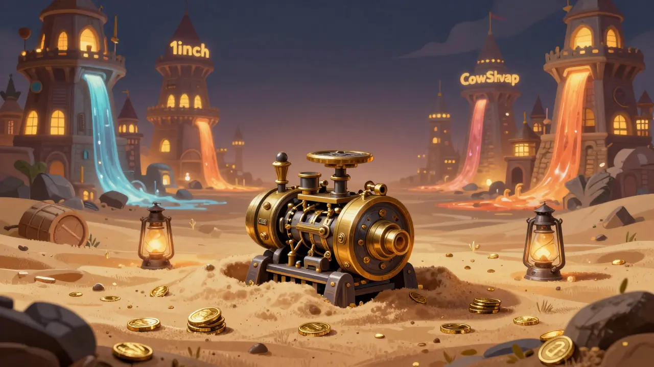 Eine verlassene mechanische Maschine namens CORE, umgeben von leeren Münzen, während große Handelstürme im Hintergrund leuchten.