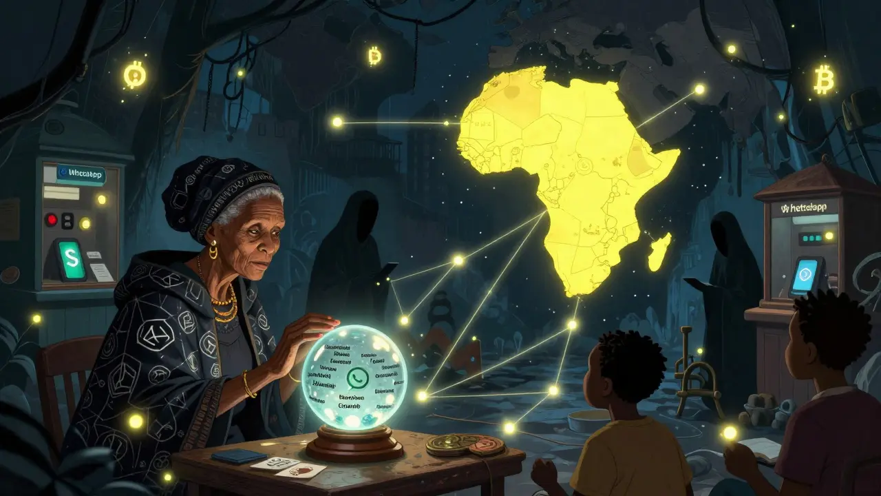 Unterirdisches Netzwerk von Krypto-Händlern, verbunden durch leuchtende Fäden, während eine Weise eine Gruppe von Kindern über Betrug aufklärt.