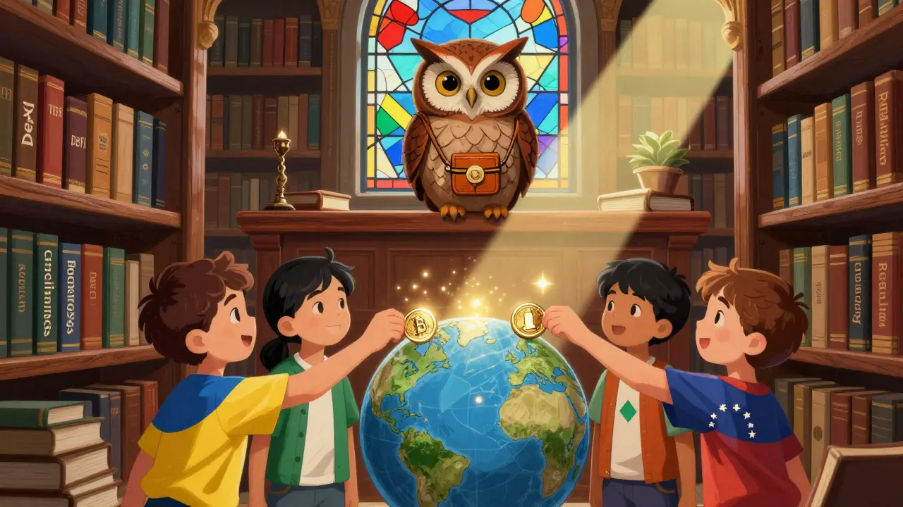 Weise Eule über einem Bücherregal, während Kinder aus verschiedenen Ländern Münzen in eine leuchtende Weltkugel legen.