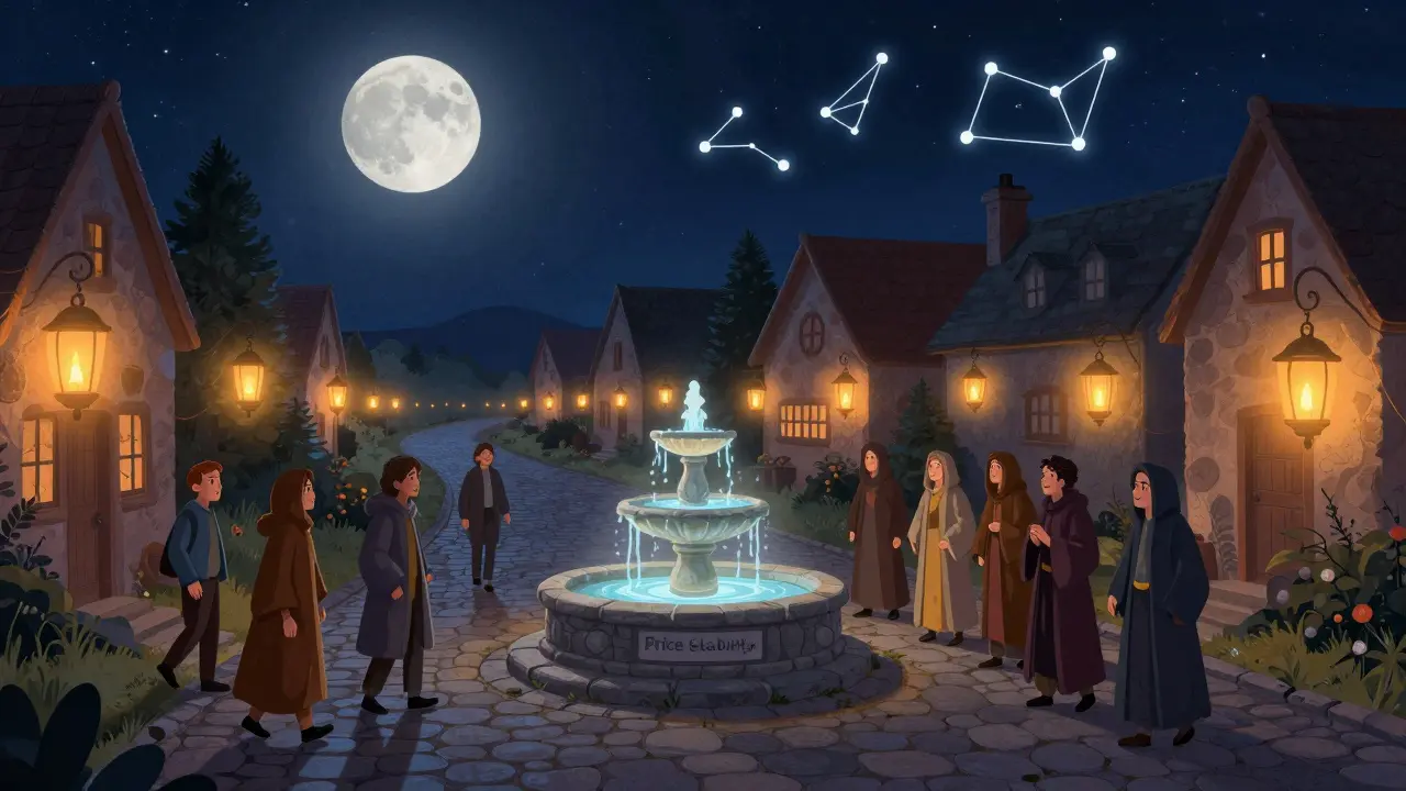 Dorf mit Lichterlanternen, die nacheinander aufleuchten, symbolisierend kontrollierte Token-Freigaben, unter einem sternengefleckten Himmel.