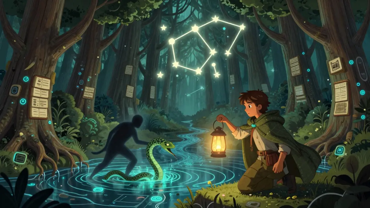 Ein Abenteurer mit einem Lichtschein enthüllt einen Betrüger, der einen Datenstrom vergiftet, während ein Sternenbild aus Orakel-Sternen Schutz spendet.