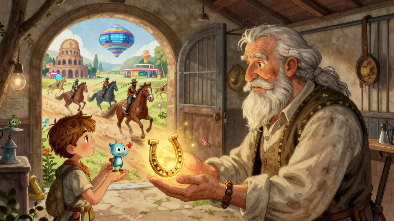 Ein alter Stallmeister übergibt einem jungen Abenteurer einen goldenen ZERC-Token in Form eines Hufeisens, während ein digitales Portal hinter ihm aufgeht.