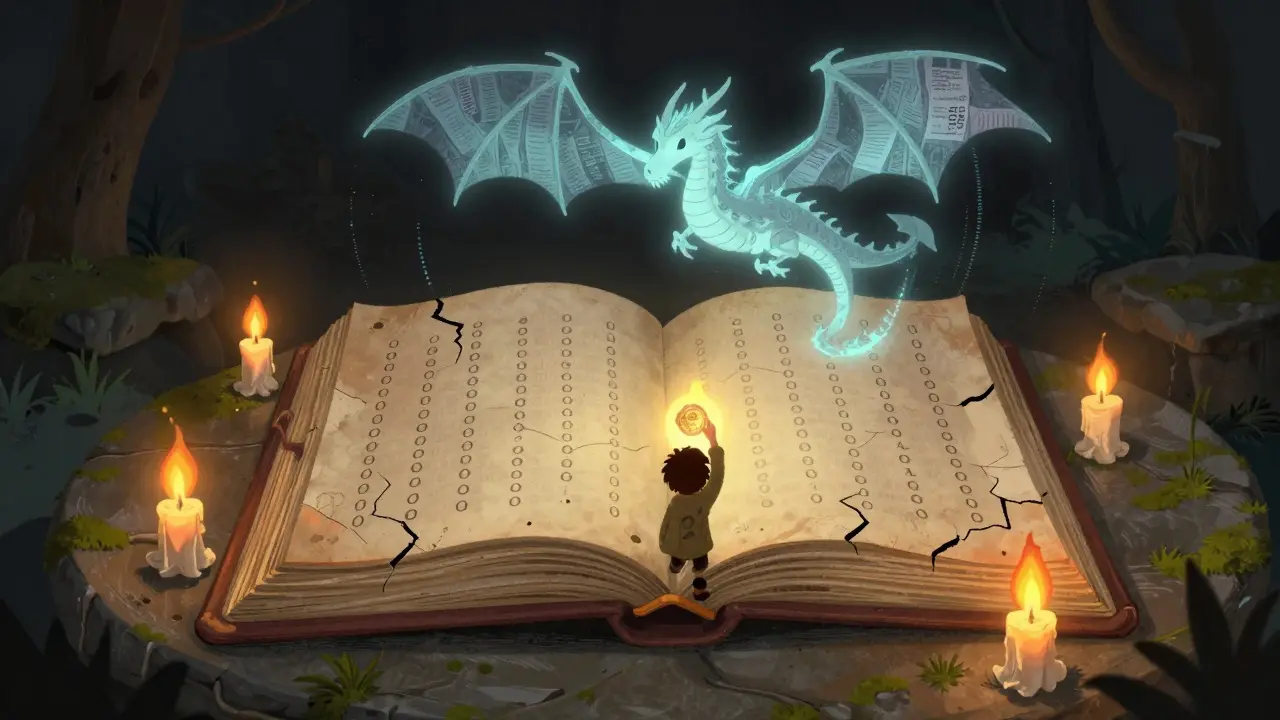 Ein altes Buch mit endlosen Nullen zeigt einen geisterhaften Drachen aus Code, während ein Kind einen funkelnden Token hält, umgeben von brennenden Gasgebühren.