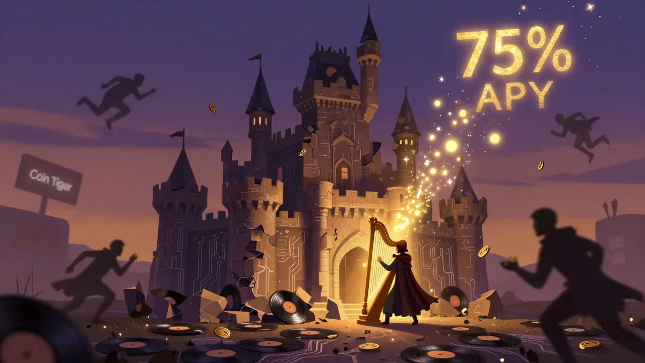 Ein aus Blockchain und Vinyl gebauter Schloss ruiniert, während Musiker goldene Zinsen in die Luft strömen lassen.