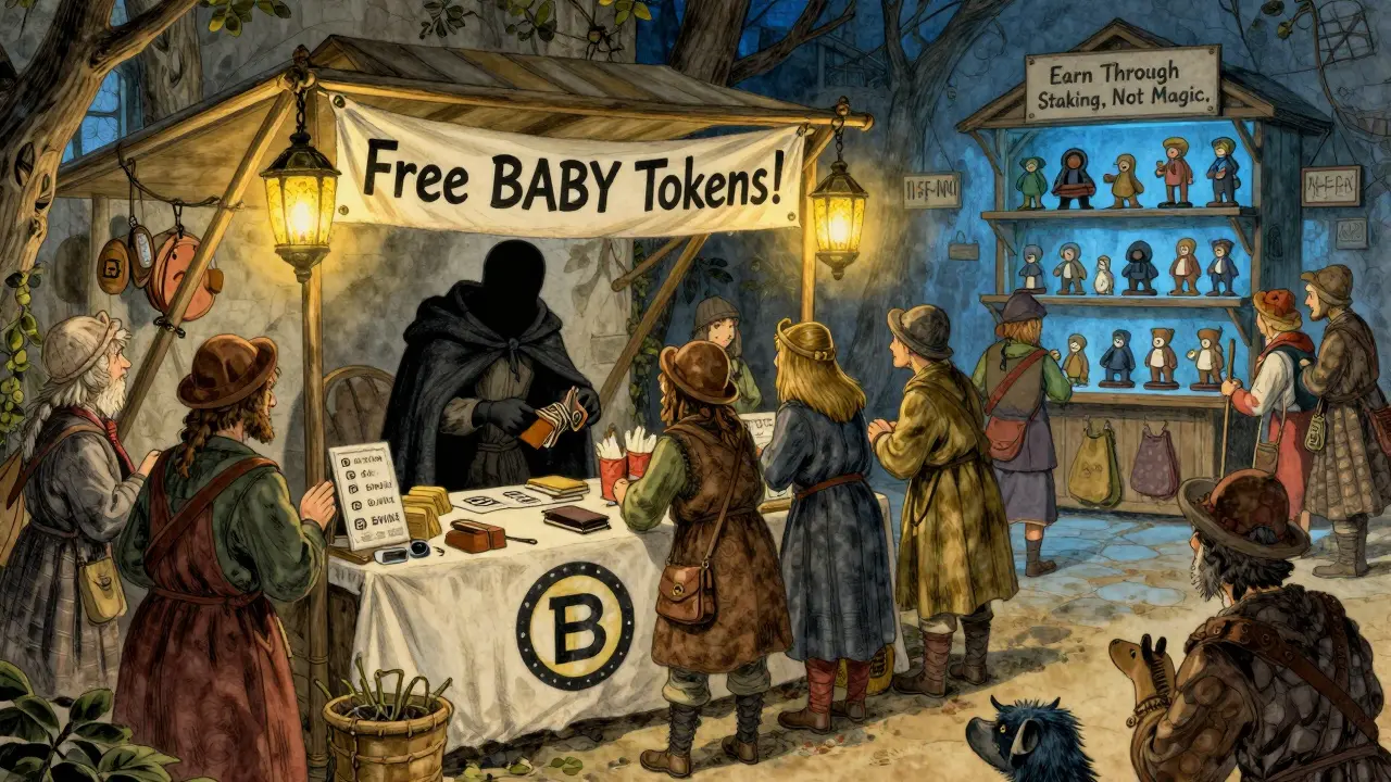 Ein betrügerischer Markt verführt Dorfbewohner mit falschen BABY-Token, während ehrliche NFTs im Hintergrund ruhen.