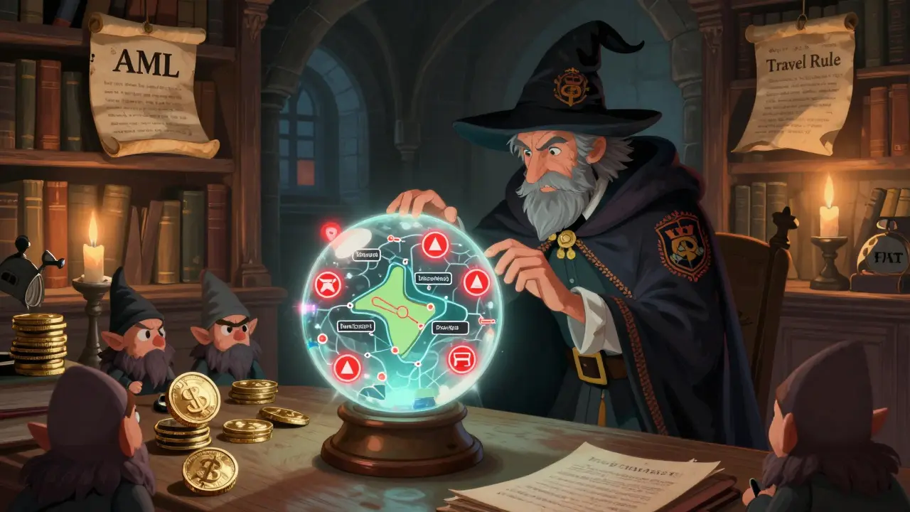 Ein Compliance-Zauberer untersucht eine Kristallkugel mit verdächtigen Kryptotransaktionen in einem magischen Bibliotheksraum.