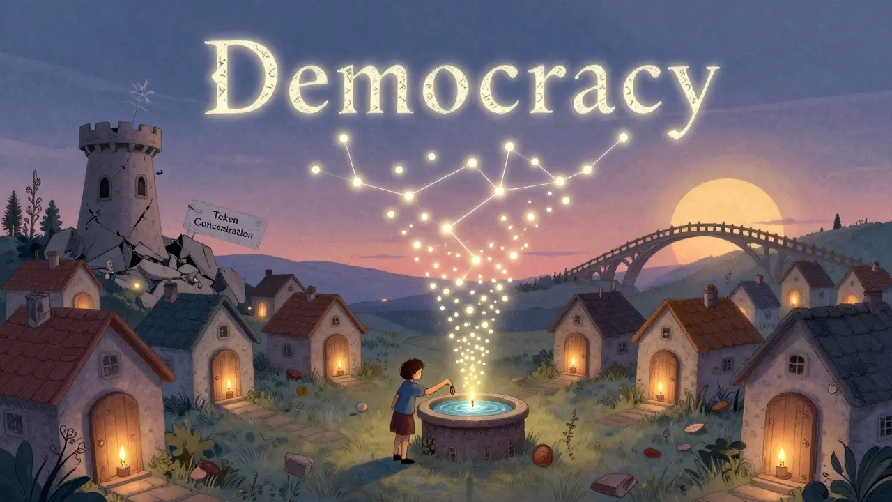 Ein Dorf mit abgestimmten Häusern, dessen Lichter am Himmel eine neue Demokratie formen.