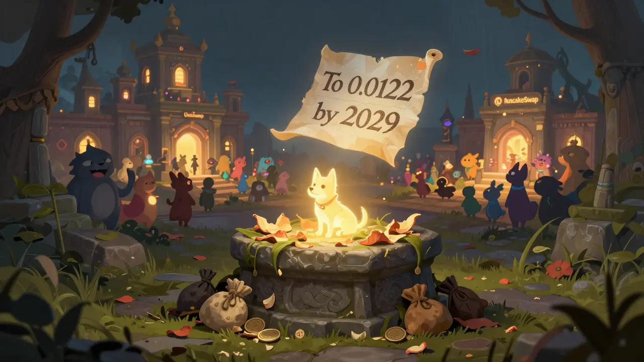 Ein einzelner glühender DOG-Token auf einem verwitterten Altar, umgeben von verblühten Blumen.