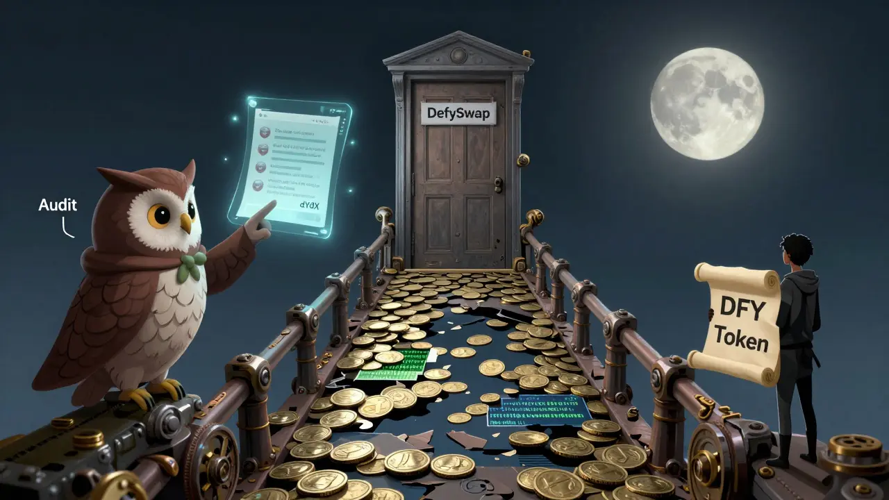 Ein gebrochener Brücke zu einer Tür ohne Griff, mit einem leeren Scroll als DFY-Token.