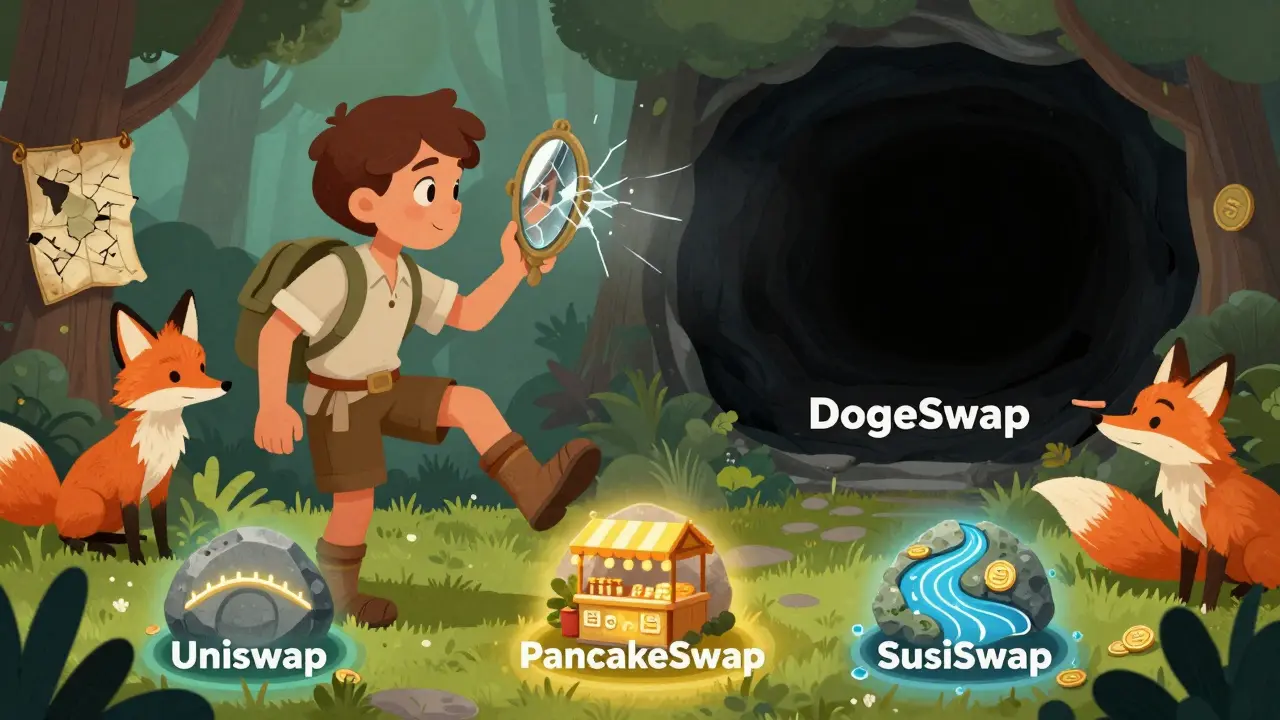 Ein junger Abenteurer hält einen Spiegel, der eine leere Dunkelheit zeigt, während drei sichere Pfade leuchten.