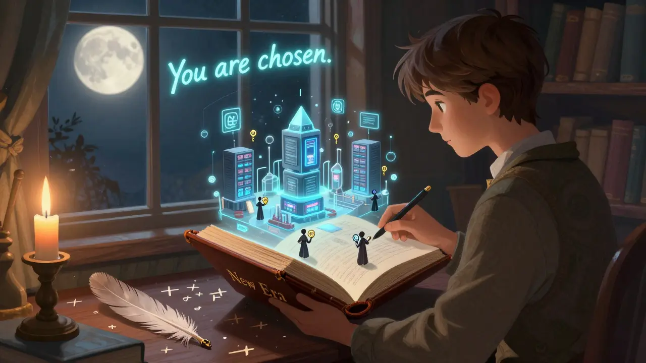 Ein junger Gelehrter öffnet ein Buch, das eine digitale Mining-Welt enthält, während ein Mondmuster auf dem Boden leuchtet.