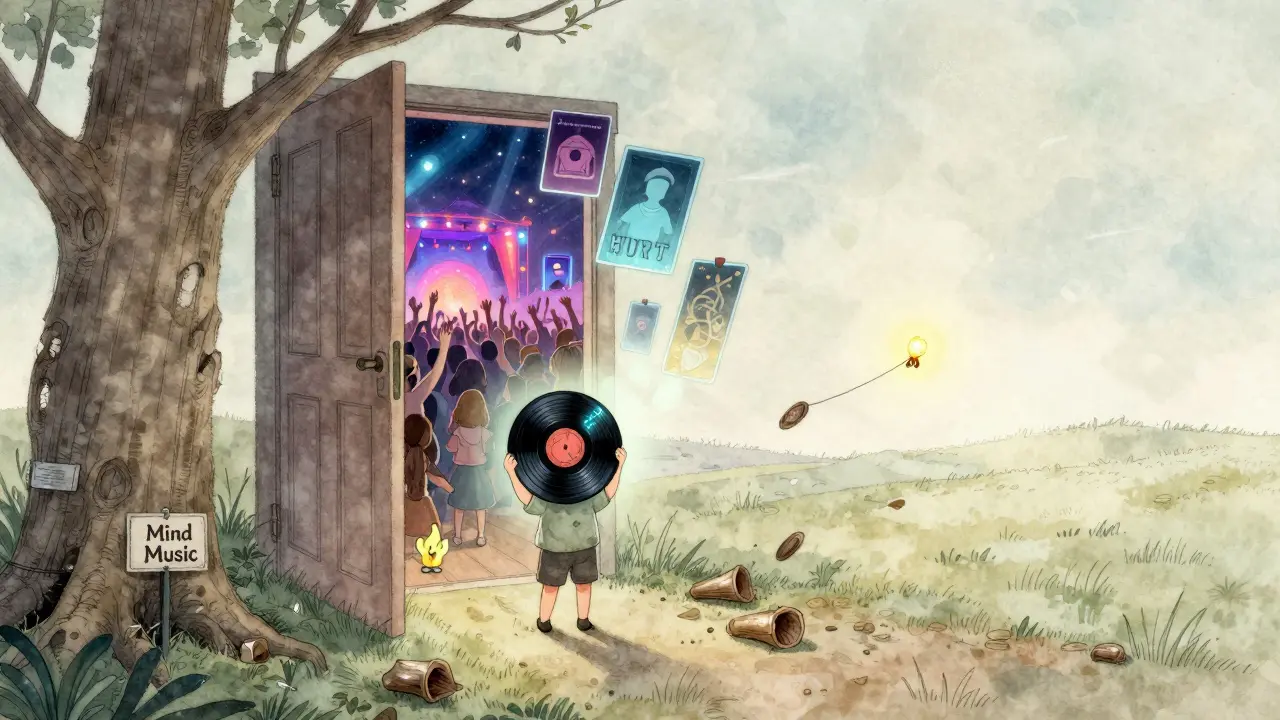 Ein Kind hält eine signierte Vinyl-Platte, während hinter ihr eine musikalische Welt erlischt.