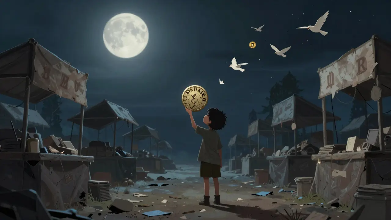 Ein Kind hält eine zerbrochene Münze in einer leeren, verlassenen Marktlandschaft unter dem Mond.