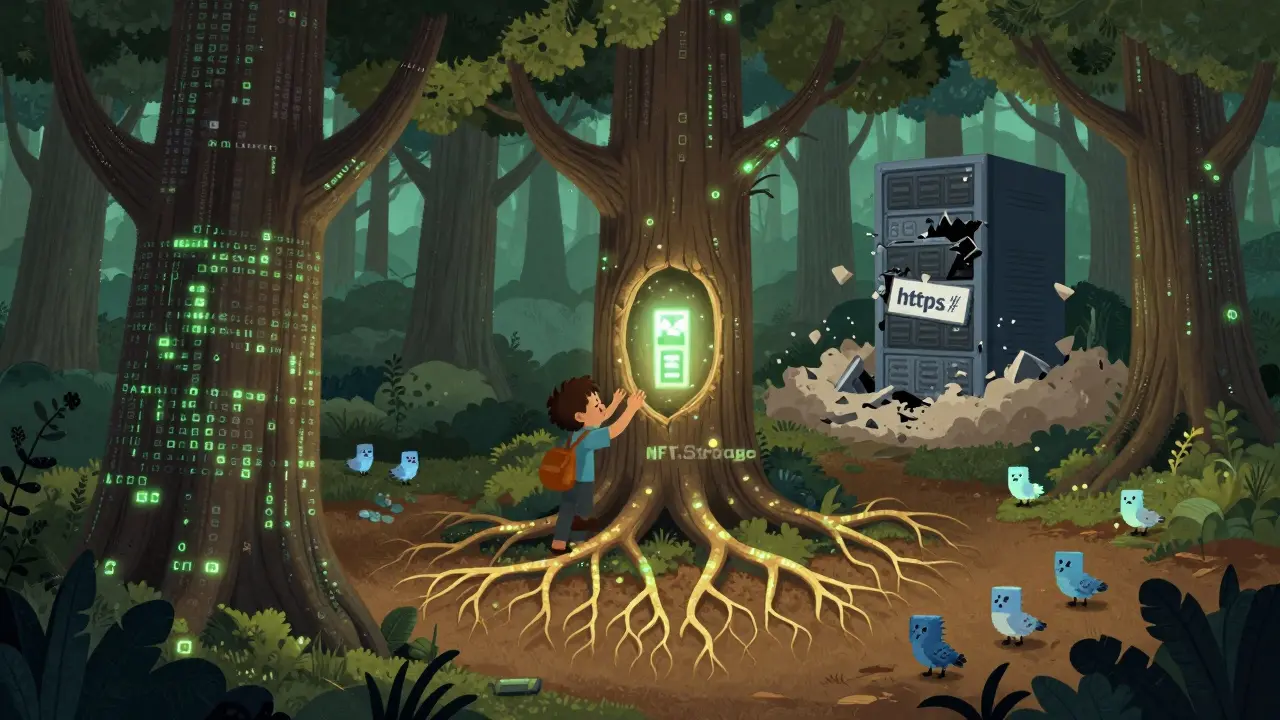 Ein Kind legt ein NFT in einen Baum aus Code, während ein Server in Trümmern zerfällt.
