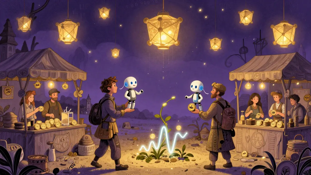 Ein magischer Markt, wo Händler KI-Agenten mit AIFUN-Tokens kaufen, während Blockchain-Laternen am Himmel schweben.