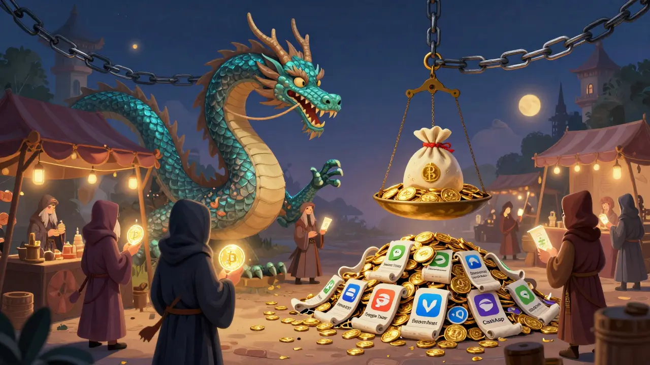 Ein magischer Markt, wo Händler Kryptowährung gegen WeChat Pay und Alipay tauschen, bewacht von einer Blockchain-Dragon.