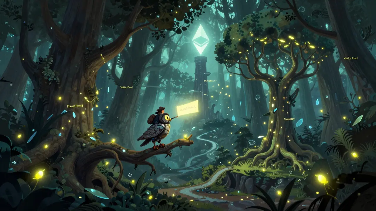 Ein magischer Wald mit sich verändernden Baum-Shards, durch die ein Reisender auf einer mechanischen Eule eine Nachricht bringt.