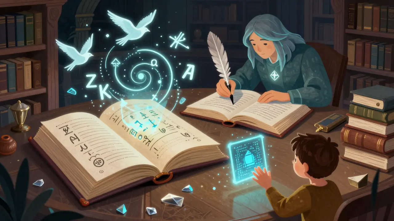 Ein magisches Bibliotheksregal mit schwebenden Blockchain-Büchern, in denen kryptografische Beweise wie Zaubersprüche leuchten.