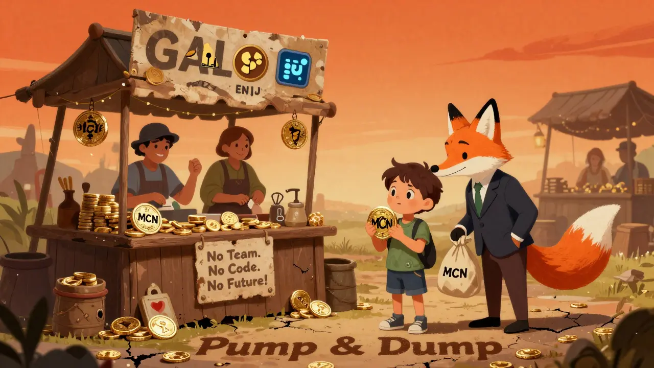 Ein Märchenmarkt mit echten Kryptowährungen und einer verlassenen Verkaufsstelle für MCN mit einer Fuchs-Gestalt, die einen Betrug flüstert.