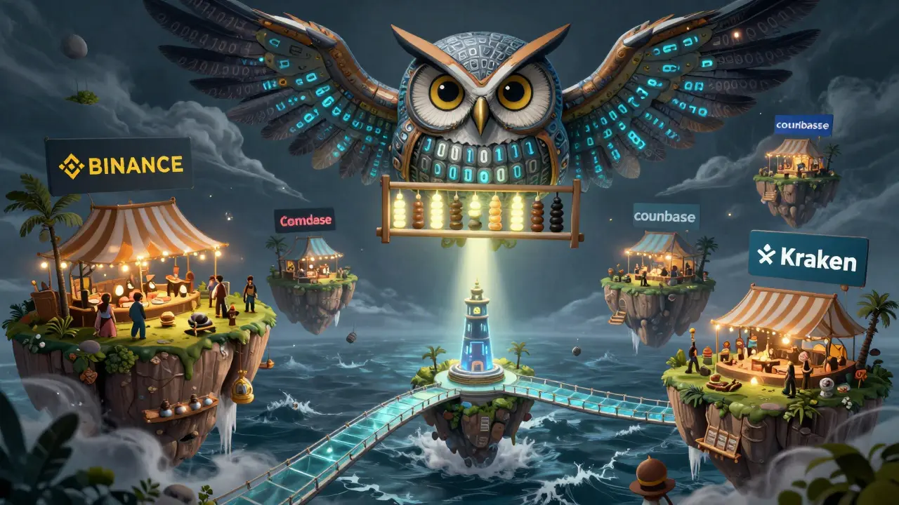 Ein mechanischer Eulenvogel berechnet den mittleren Kurs aus mehreren Finanzquellen.