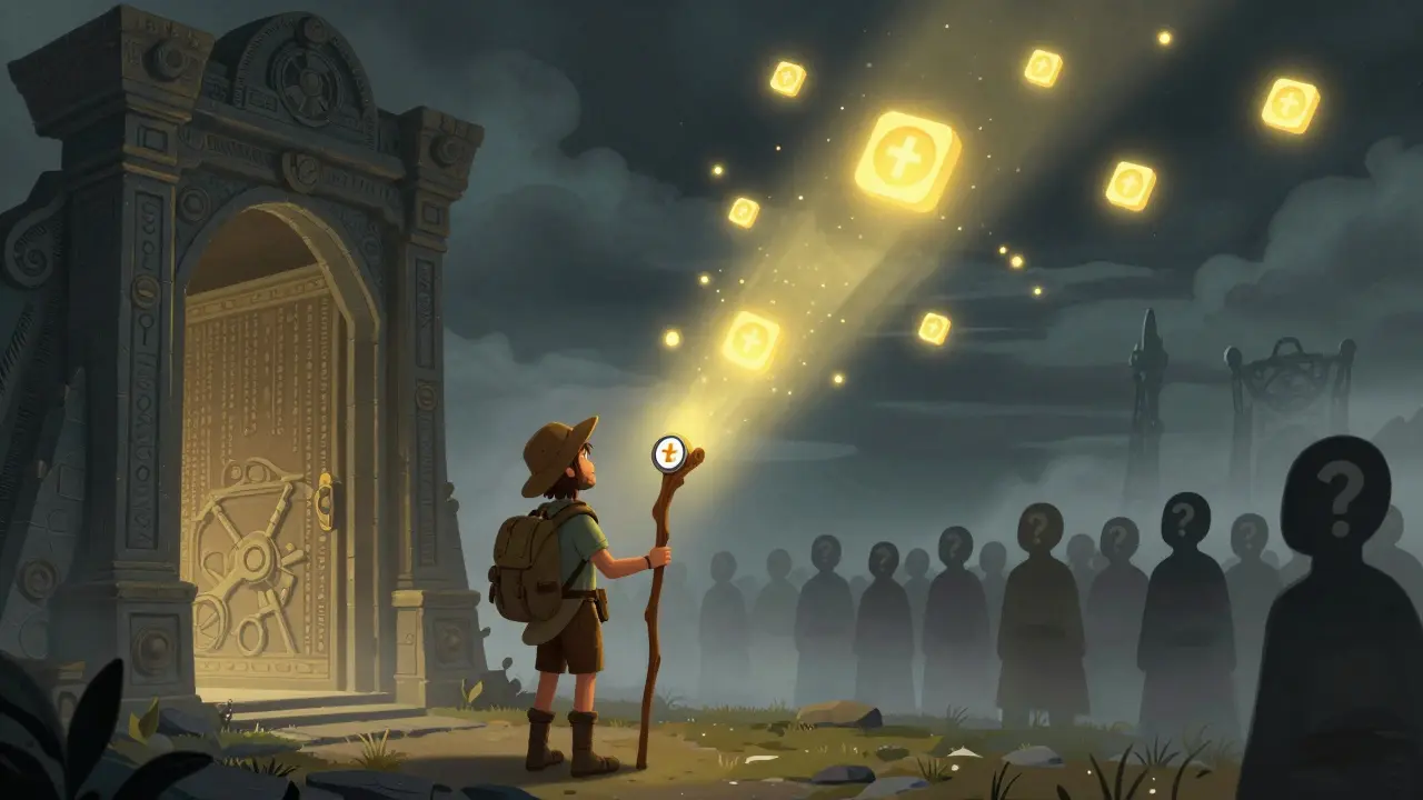 Ein Reisender steht vor einem portalartigen Tor, das aus Binärcode und Bergbaugeräten besteht, während 1.000 leuchtende NFTs wie Feenlichter schweben.