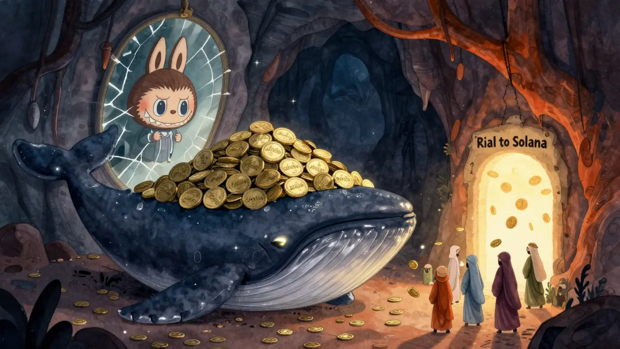 Ein riesiger Walfisch aus Tokens hortet Reichtum in einer Höhle, während Menschen aus dem Iran digitale Münzen in ein Portal stecken.