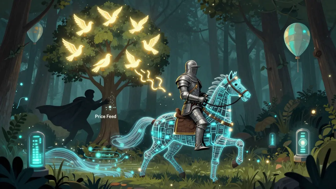 Ein Ritter aus Smart Contracts wird von sieben Orakelvögeln vor einem Betrüger geschützt.