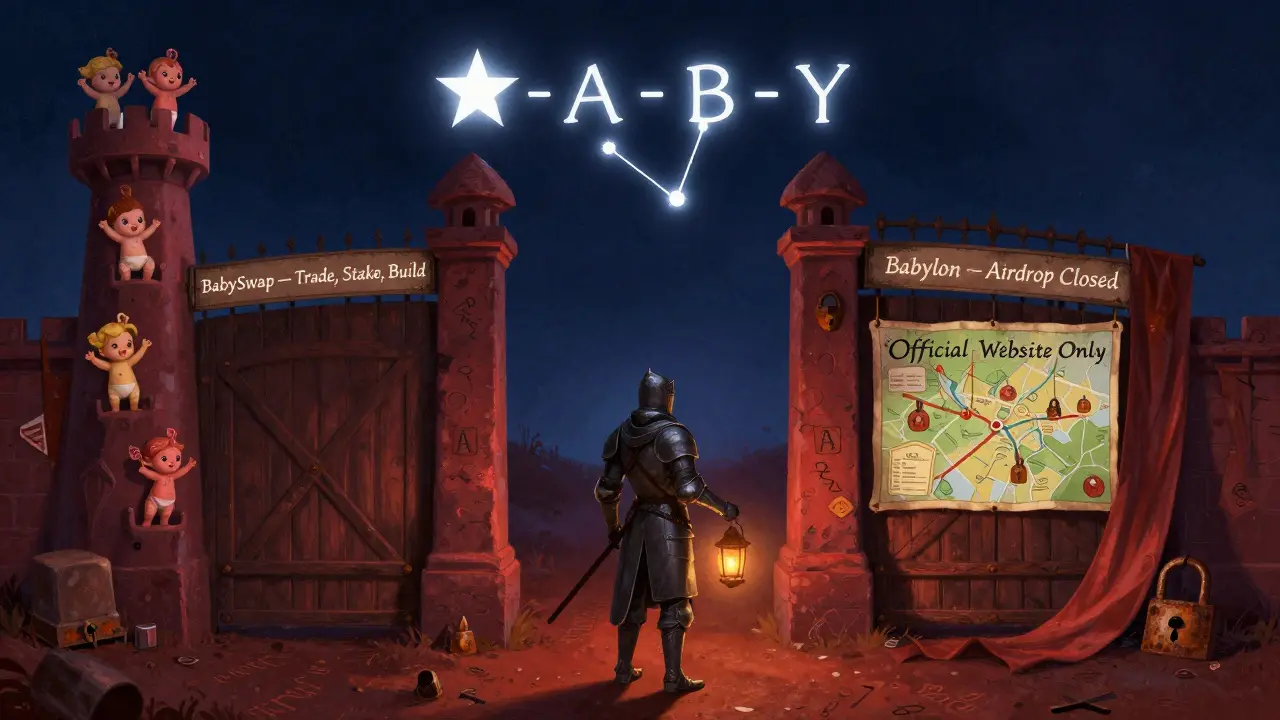 Ein Ritter steht vor zwei Toren: einem echten DeFi-Portal und einem verschlossenen Airdrop-Gate.