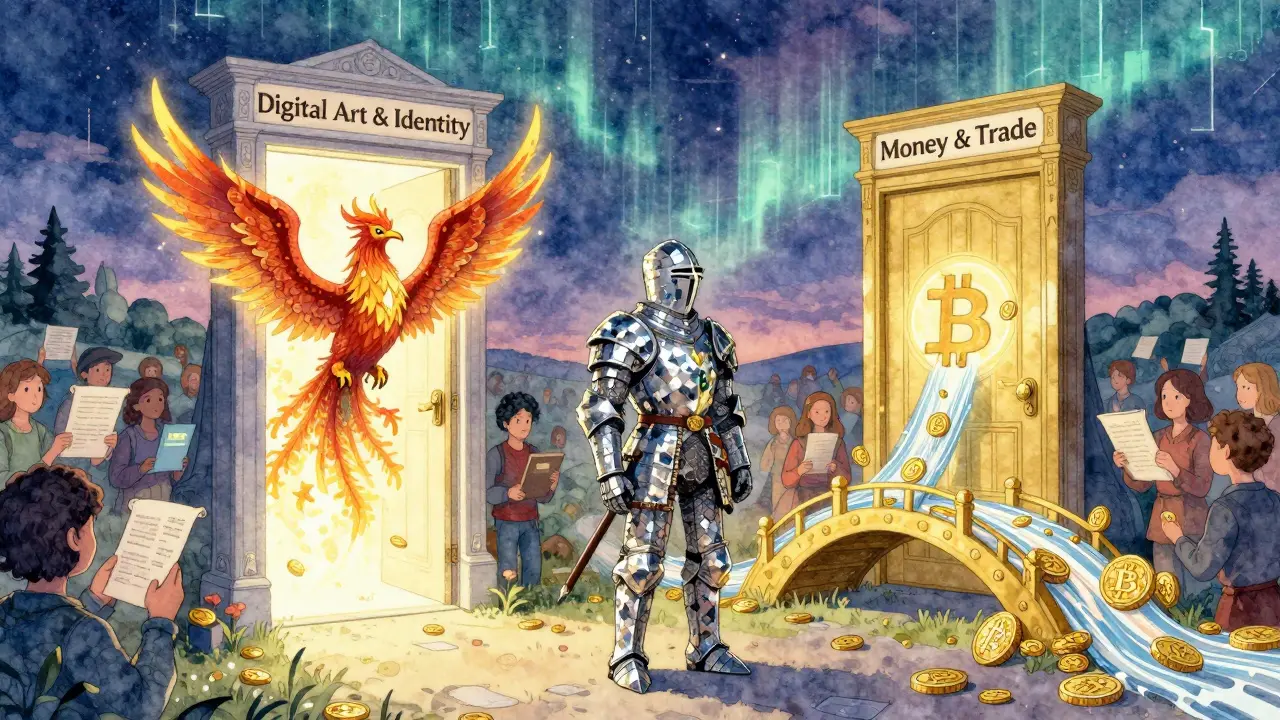 Ein Ritter vor zwei Türen: eine für digitale Kunst bewacht von einem Phönix aus NFTs, die andere für Geld mit fließenden Bitcoin-Münzen.