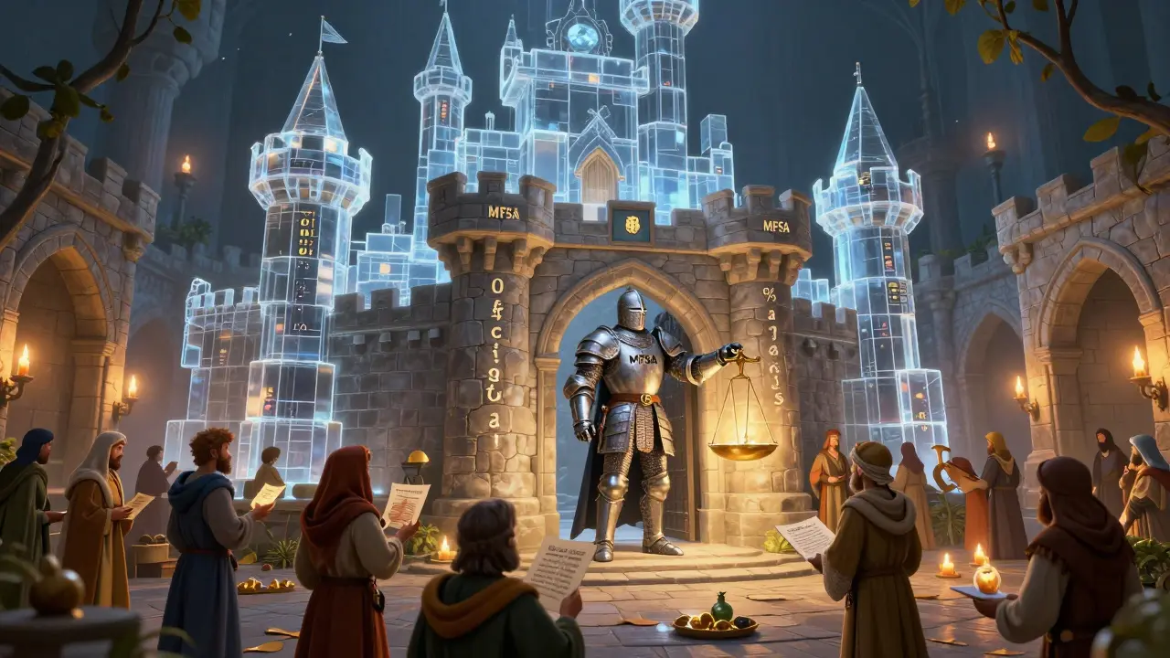 Ein Schloss aus durchscheinenden Blockchain-Blöcken, bewacht von einem Ritter mit der MFSA-Markierung, während Händler digitale Güter handeln.