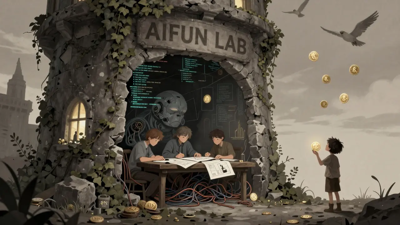 Ein verlassenes Labor mit schlafendem KI-Wesen, während verborgene Tokens wie Geistervögel am Himmel schweben.