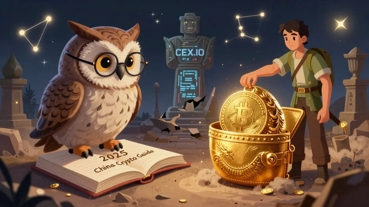 Ein Weiser Eule beobachtet, wie ein Held eine Bitcoin in eine goldene Wallet legt, während ein digitaler Yuan-Statue zerbricht.