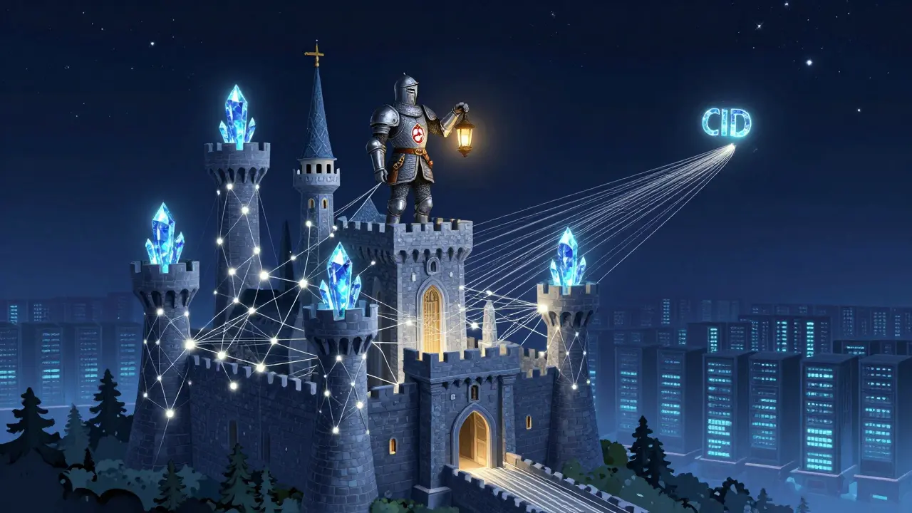 Eine Burg aus Knoten mit Lighthouse-Leuchte, die einen Pfad aus permanenter Speicherung erhellt.