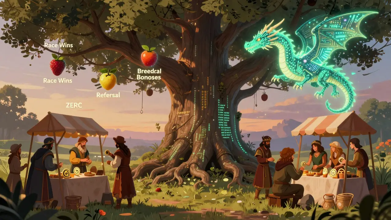 Eine Gemeinschaft versammelt sich um einen Baum mit Blockchain-Wurzeln, dessen Äste mit Belohnungsfrüchten behangen sind, in einer magischen, buchillustrativen Landschaft.