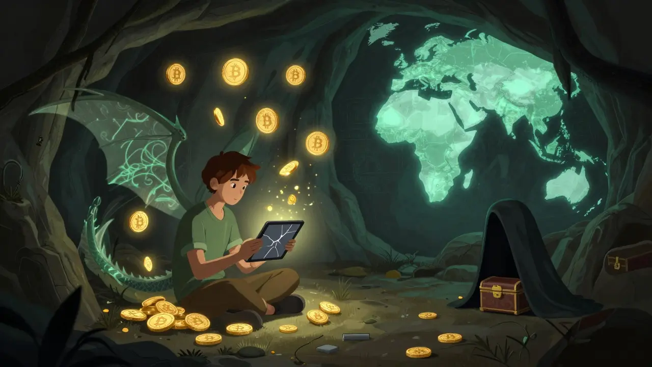 Eine Person nutzt in einer Höhle einen VPN-Drachen, um Kryptowährungen über Gutscheine zu erhalten.