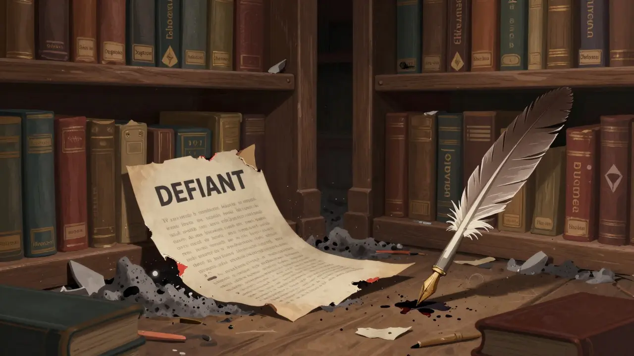 Eine verlassene Bibliothek mit vergessenen Kryptowährungsbüchern, nur ein zerrissenes Blatt mit 'DEFIANT' liegt im Aschehaufen.