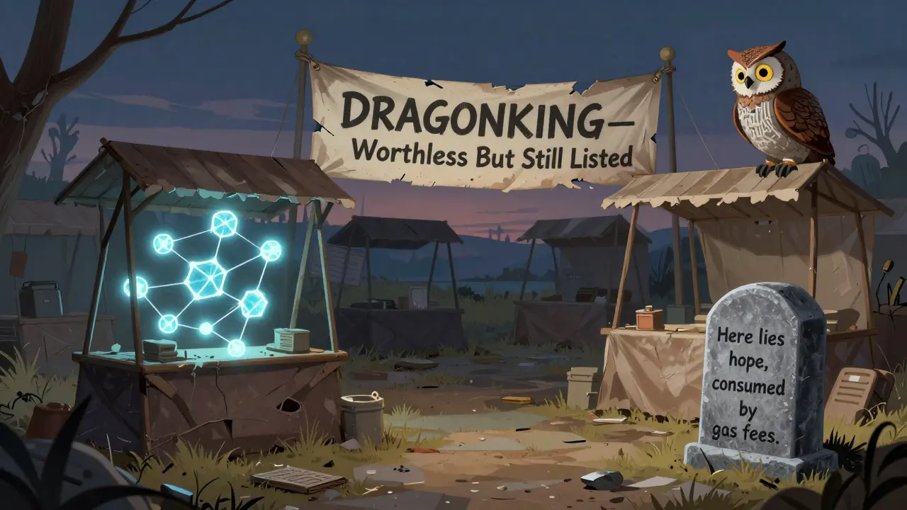 Eine verlassene digitale Markthalle mit verwitterten Ständen, ein Eulenwesen sitzt auf einem gebrochenen Börsenbanner, vor einem Grabstein mit 'Wertlos, aber gelistet'.