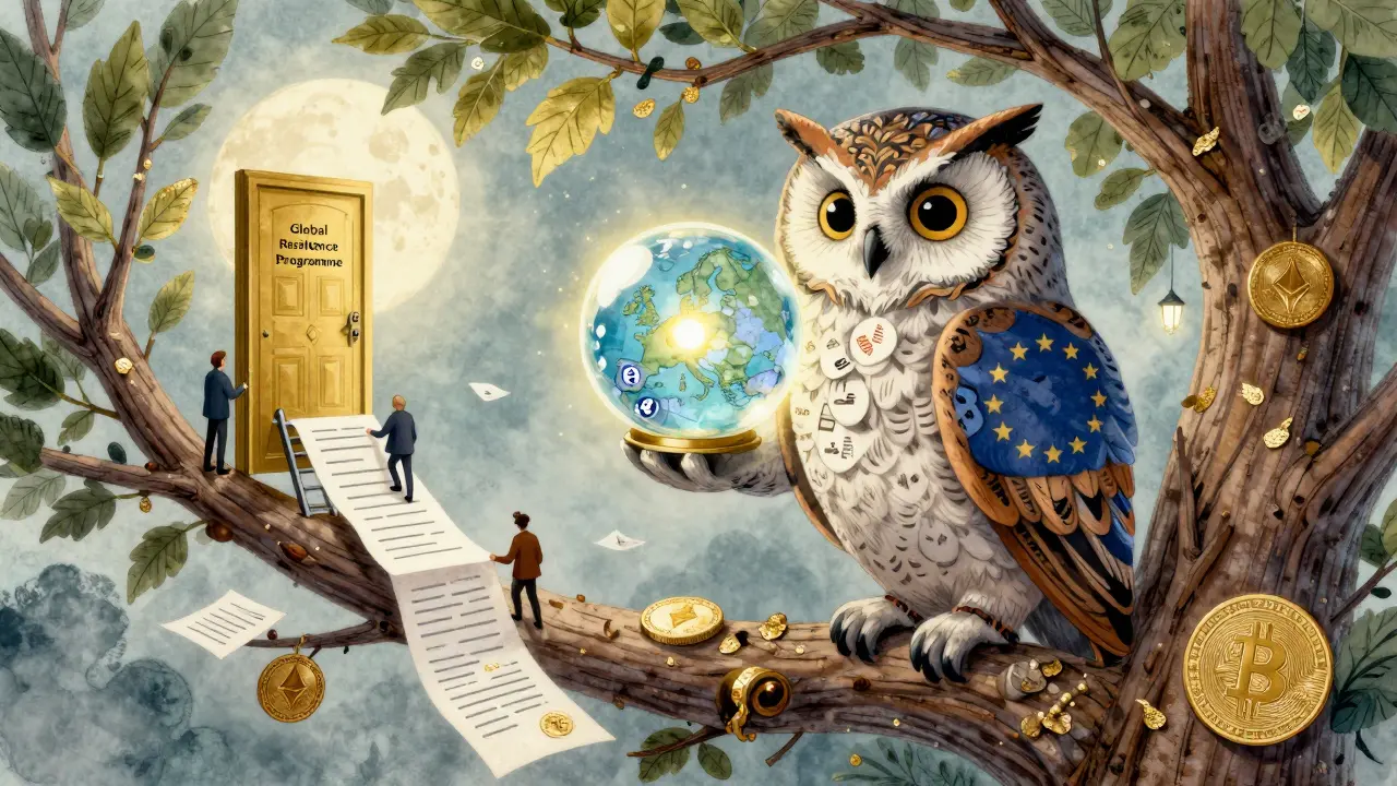 Eine weise Eule auf einem Baum aus Bitcoin- und Ethereum-Ästen, die eine Karte Europas mit Malta als Zentrum in einem Kristall orb hält.