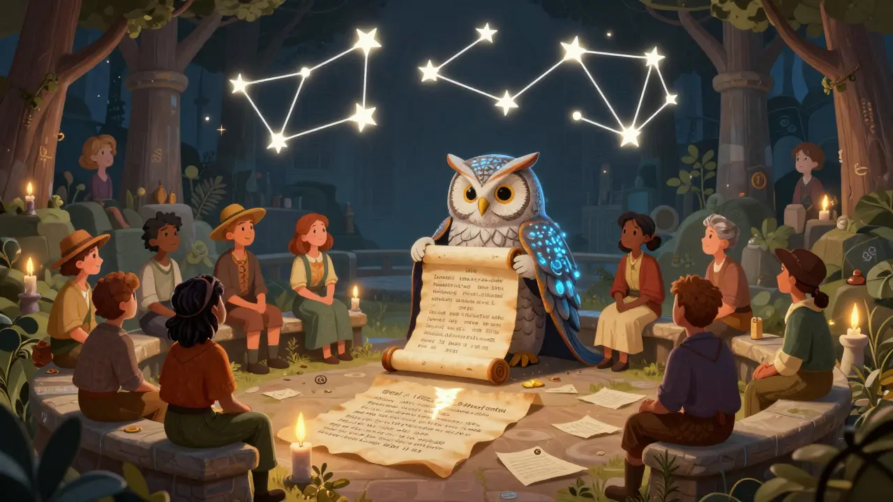 Eine weise Eule enthüllt vor einer Gemeinschaft ein Rollpapier mit der Zukunft der Token-Verteilung, umgeben von smart contract-Bänken.