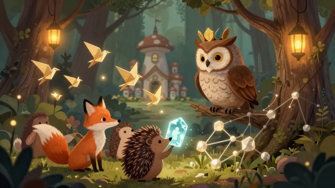 Eine weise Eule lehrt Waldbewohner, wie man seine Stimme an einen Delegierten übergibt.