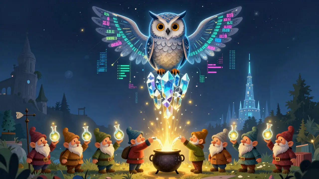 Eine weise Orakel-Eule sitzt auf einem Turm aus Datenkristallen, während Zwerge aus sieben Dörfern echte Welt-Daten in einen goldenen Kessel gießen.