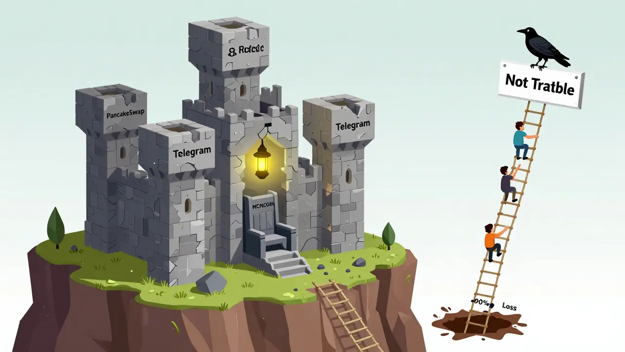 Eine zerfallene Blockchain-Burg mit einer leeren Krone, während verzweifelte Investoren an einem zersplitterten Preis-Strick hinaufklettern.